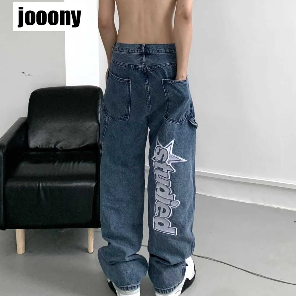 Jeans masculinos Autumn Streetwear Retro Hip-Hop Letter Jeans Thermoprint Hom