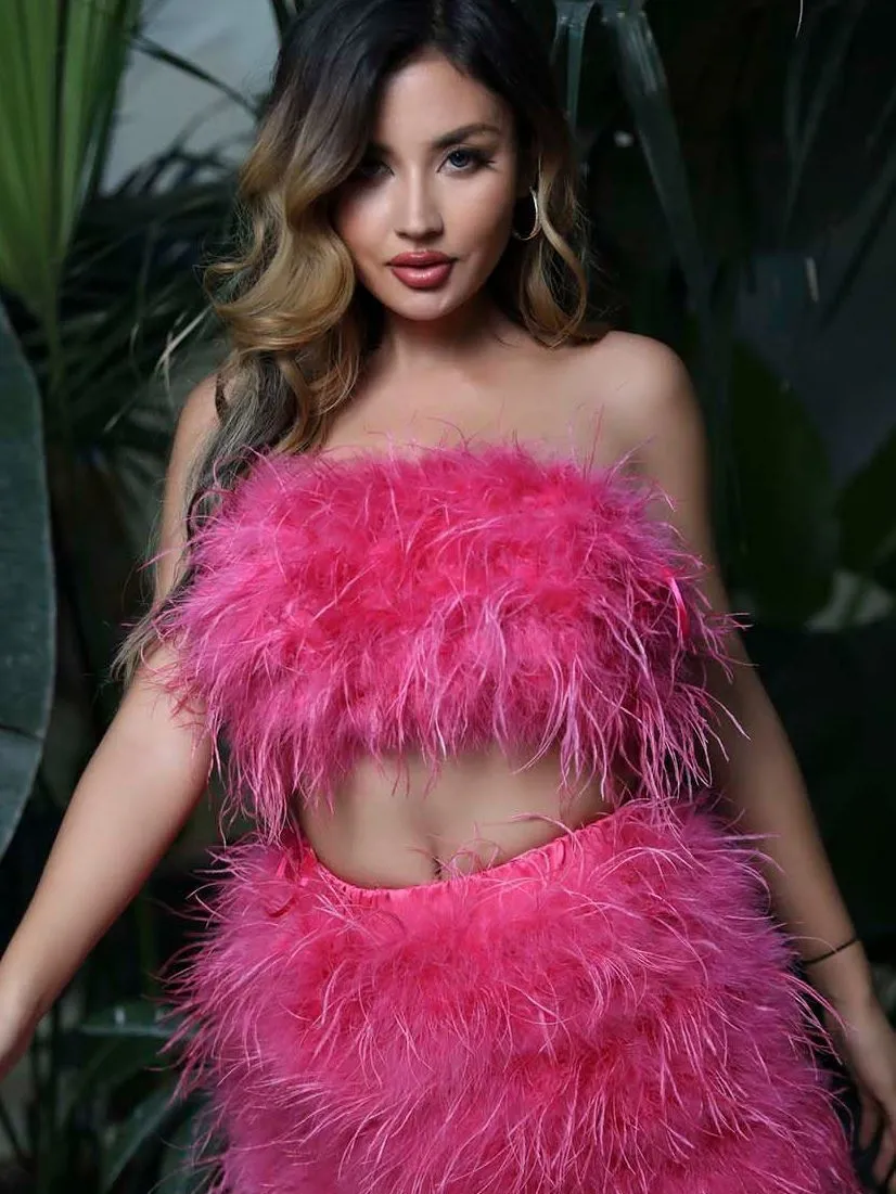 Femmes Fourrure Faux MISSJANEFUR Plume Crop Top Femmes Mode Sexy Dos Nu Réel Autruche Soutien-Gorge Date Fête Fourrure Fluffy Lady Tube 230822