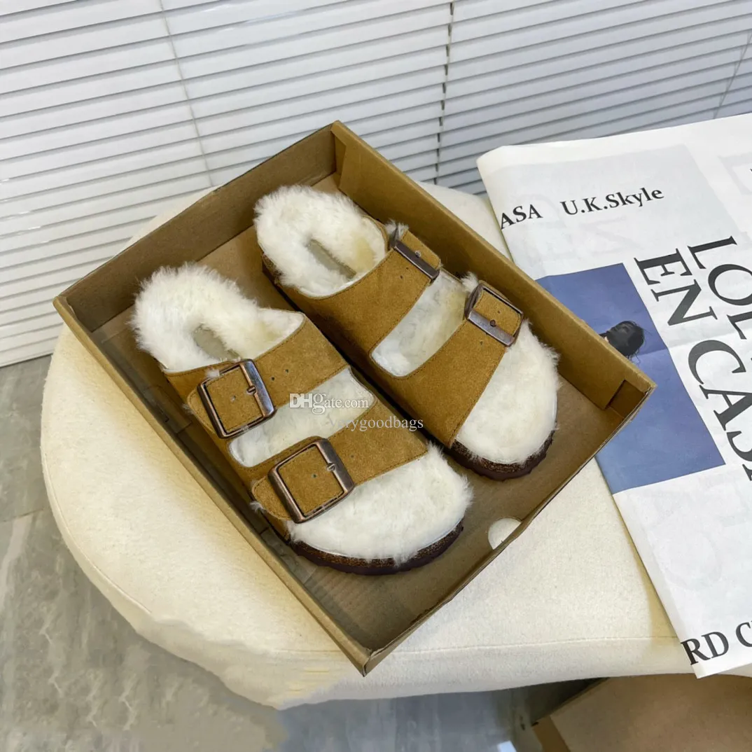 Birkens Winter Slippers Fur Shearling Suede Boston Clogs Arizona Women Sandal Designer Furry Shoes Slip On Cork Flat Mule Wool Fluff Cork Slides Leather Boot 13