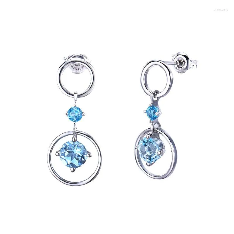 Dangle Earrings S925 Sterling Silver Inlaid Topaz Openwork Double Ring Fringe Blue Long Women's For Wedding Luxury Jewelry