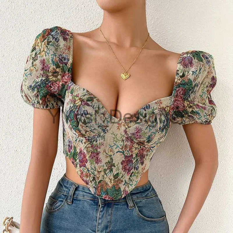 Vintage Floral Corset Bustier Crop Top French Style Lace Up