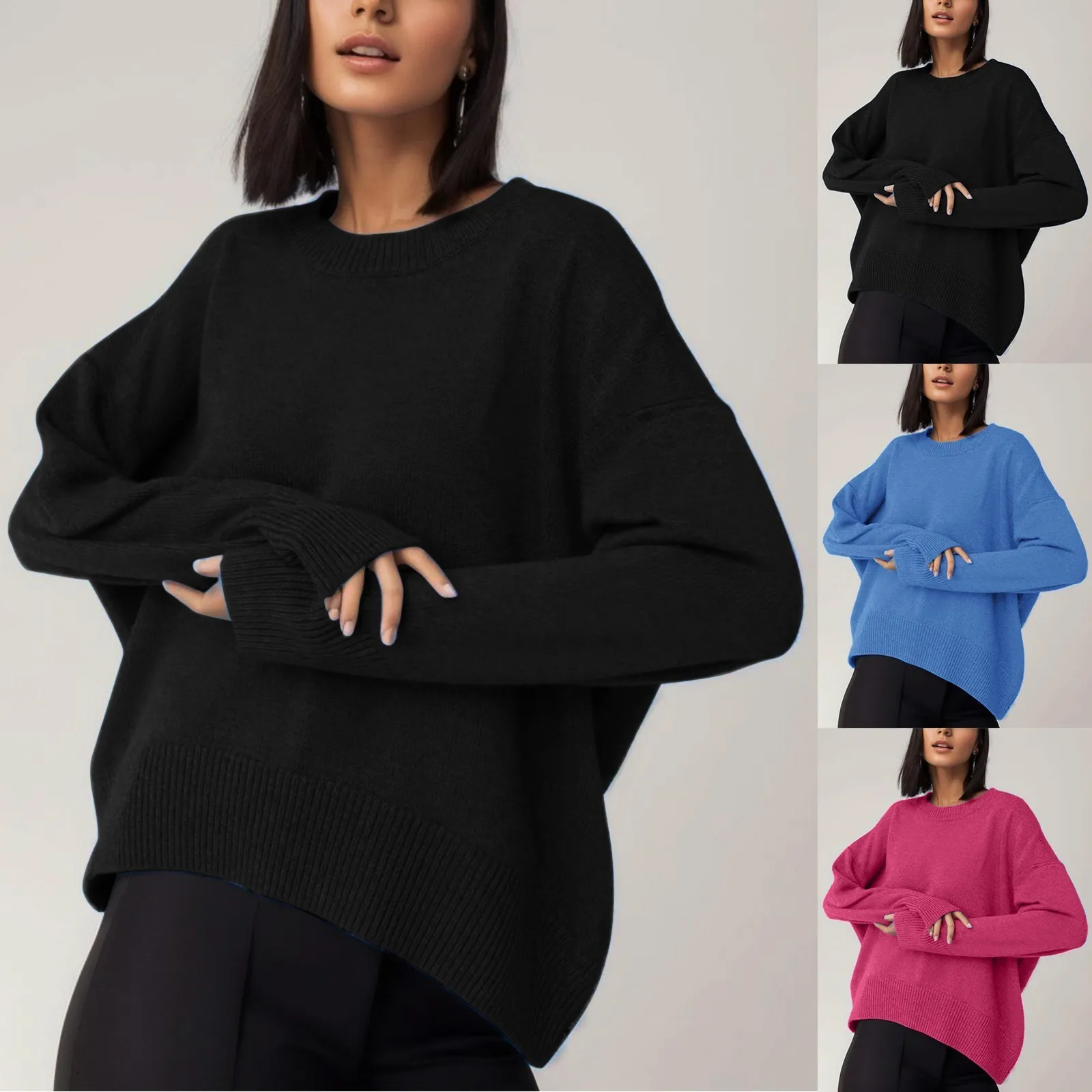 Bluzy damskie swetry dla dużych i wysokich kobiet Soild Kolor okrągły szyja długie rękawowe Top Solid Lose Temperament Knitted Sweter 230822