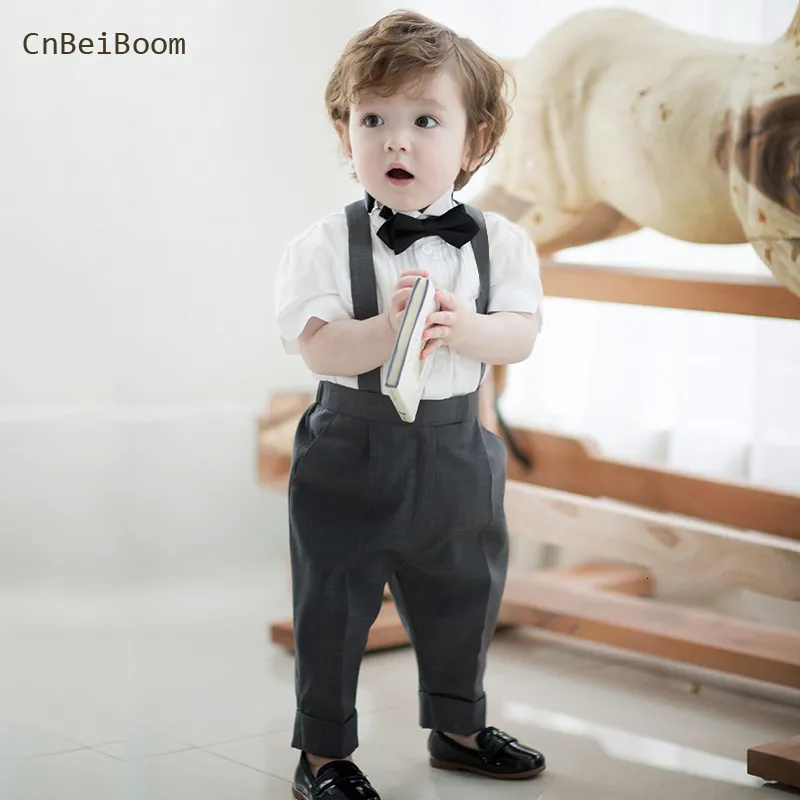 Clothing Sets High quality Baby Boy Baptism Outfit Christening White shirt Suspenders overalls Suit Kids Birthday Wedding Party Set 230823