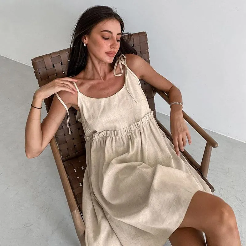 Casual Dresses Summer Khaki Cotton Linen Dress Women Elegant Strap A-Line Loose Fashion Black Ruched Lace-Up Sexy Mini 2023