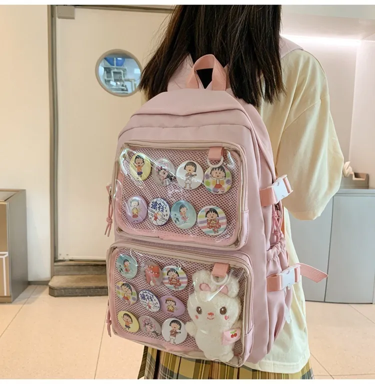 Zaini ragazze grandi scuole rosa zaino ita per pin mostra kawaii nylon women tascabile trasparente itabag mochila 230822