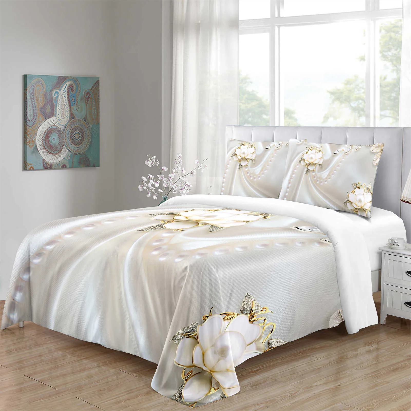 Beddengoedsets Moderne luxe rode bloem diamanten zwaan goud beddengoedsets dekbedovertrekset en hoes