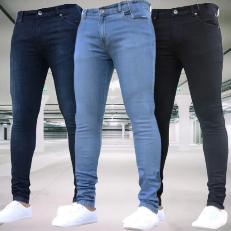 Män s jeans stretch smala fit byxor streetwear colthing klassiska casual byxor mager dragkedja denim designer kläder svart blå 230823