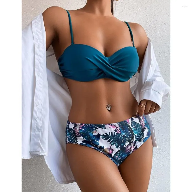Women's Swimwear 2023 Leaves Print Bikini Swimsuit Women Push Up Set Bandeau Bathing Suit Brazilian Biquini Female Blue