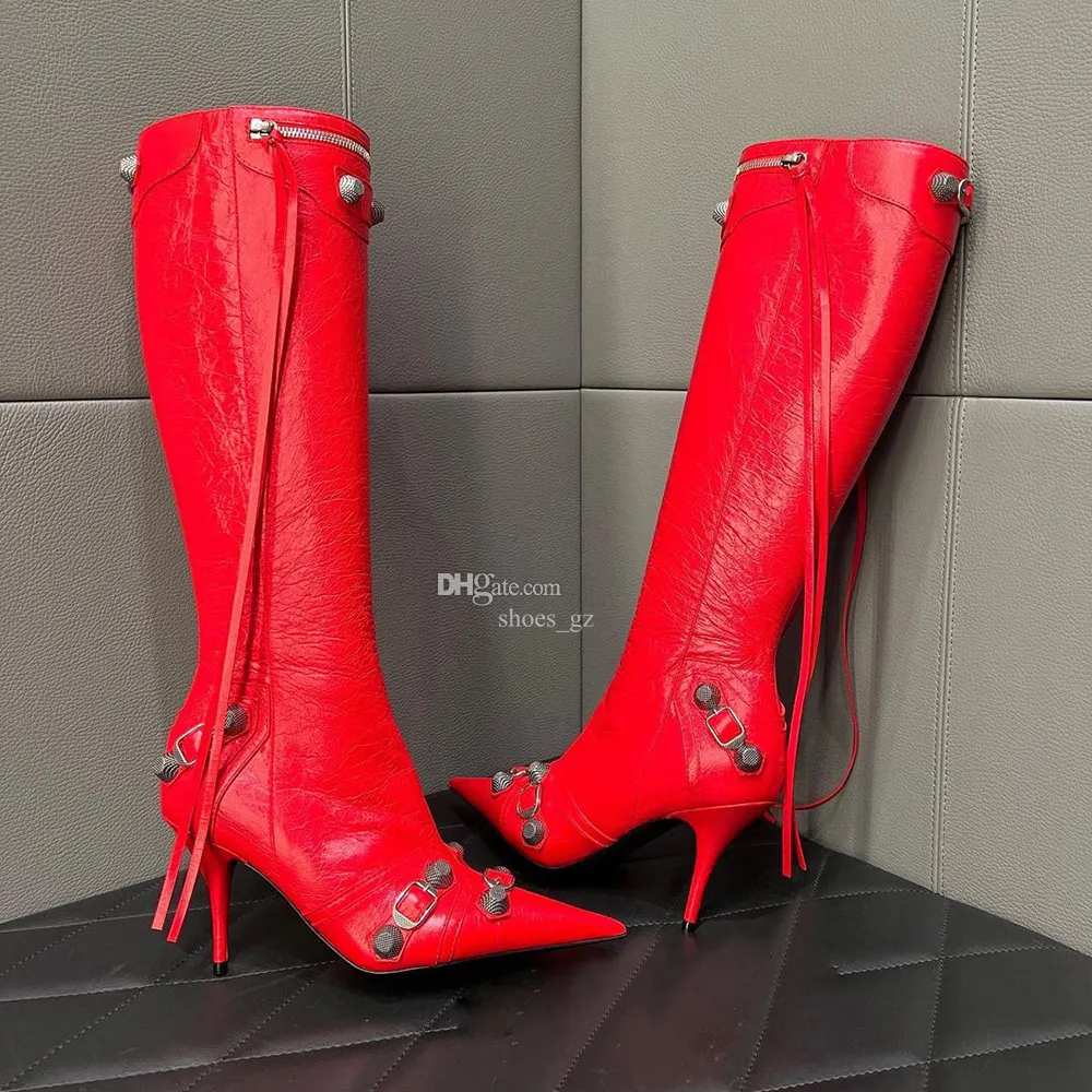 Red Leather Stiletto knee-high boots Vintage gun color threaded buckle decoration Side zipper pointed toe tassel High boots Luxury Designer fashion boot Sizes 35-42