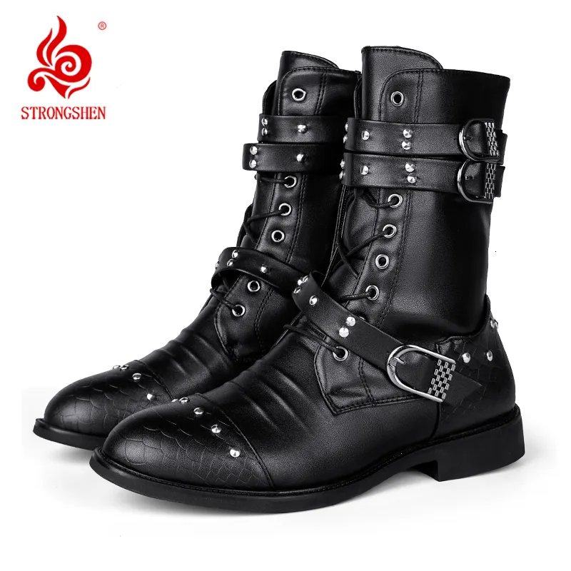 Botas Strongshen Men Fashion Leather Motorcycle Midcalf Belt Black Belt Belra Rivet Punk Rock Boot Tático do Exército 230823