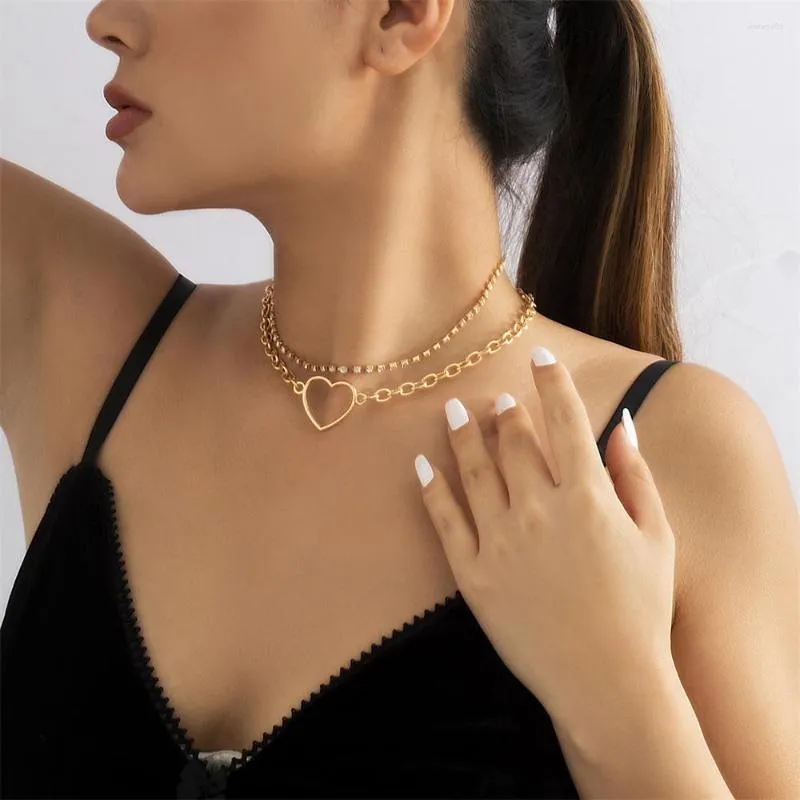 Pendant Necklaces 2023 Fashion Multilevel Gold Color Crystal Chain Necklace For Women Female Vintage Punk Thick Chains Heart Jewelry Gfit