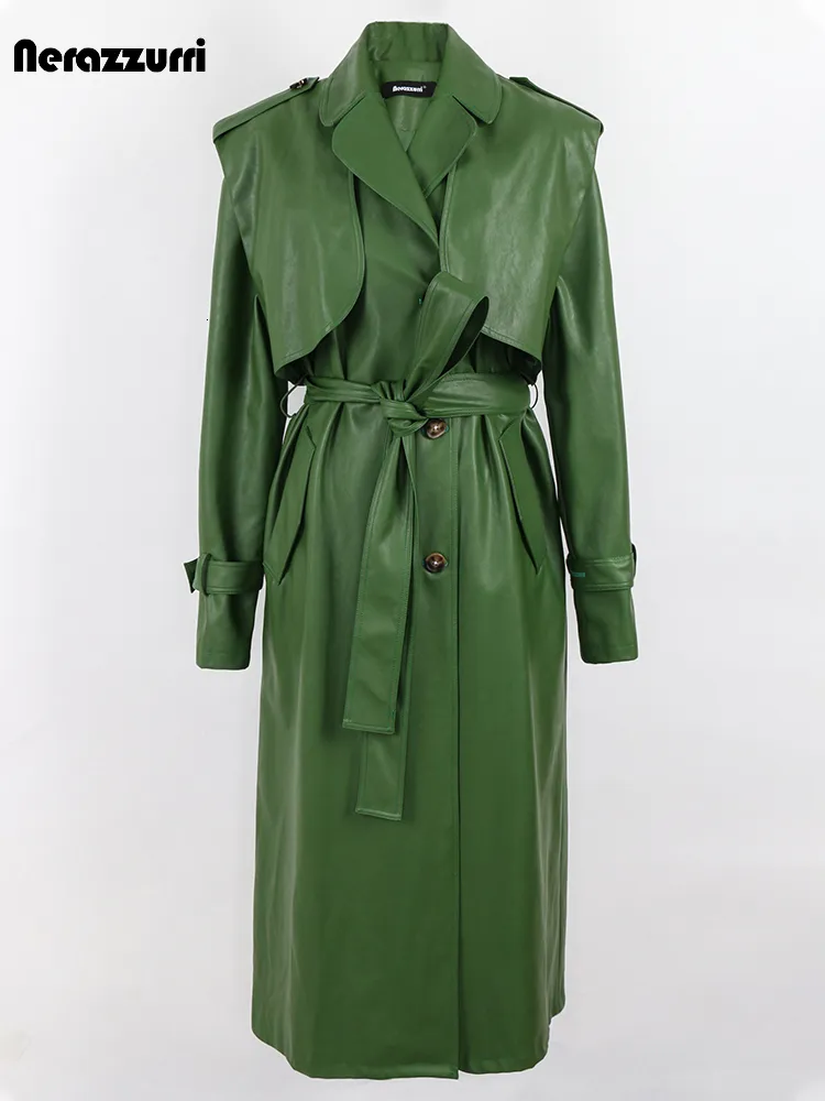 Couro feminino Faux Nerazzurri Autumn Long Cool Green PU Trench Coat for Women Sashes Sashes Single Bastested elegantes roupas de designer de luxo 230822