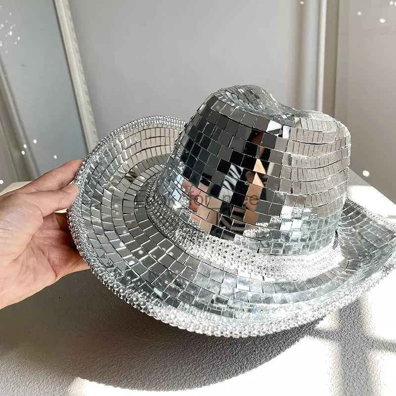 Disco Ball Cowboy Hat Handmade Custom Mirrored Glass Cowboy Hat Suitable for Party Gathering Show Rave Fashion Hat Birthday Deco HKD230823