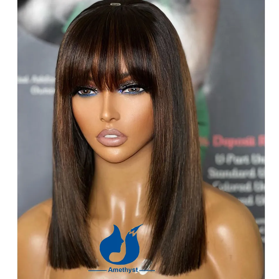 220%gęstość Brown Podświetl Krótki bob ludzka peruka włosa z grzywką dla kobiet Top Pełna maszyna peruka brazylijska prosta bob