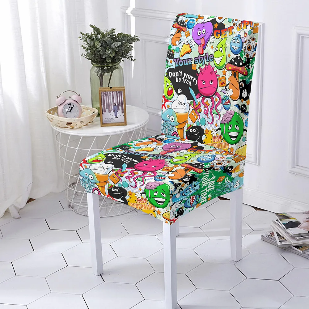 Ceintures Cartoon Graffiti Housse de chaise Élastique Spandex Couvre pour salle à manger Cuisine Stretch avec dos 12PCS 230822