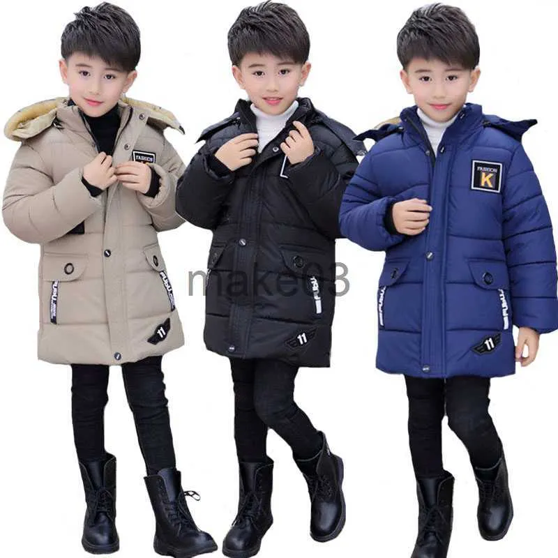 Down Coat 2022 Big Size Teenager Boys Jacket Winter middenlengte plus fluweel dikke vaste kleur in katoenen capuchonwindbreaker voor 414y J230823
