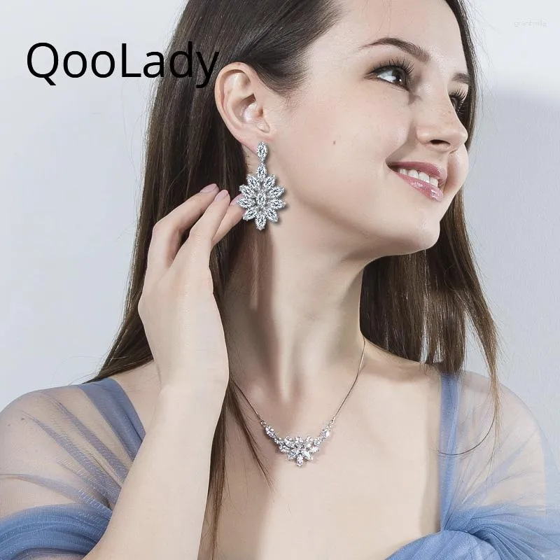 Серьги ожерелья набора Qoolady Top Qualtion White Fancy Leaf Cubic Circonia Crystal and Drop Fashion Gift S069