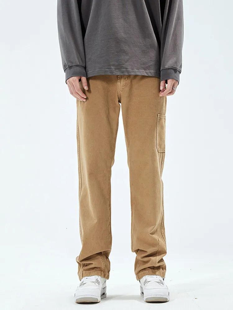 Men s Jeans YIHANKE Retro Worker Trousers Khaki Color Work Pants High Street Vibe Loose Straight Baggy 230823