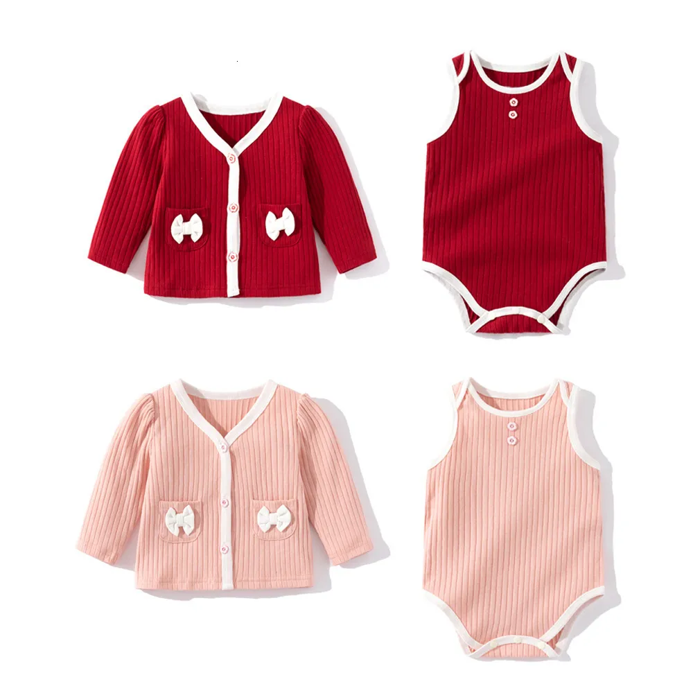 Rompers 2023 Spring Autumn Baby Girl 2PCS Clothes Set Cotton Long Sleeve Knotbow Pocket Coat Sleeveless Suit Infant Outfit 230823