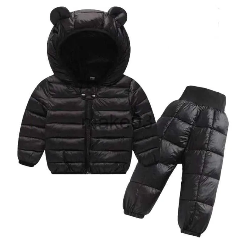 Down Poat Boys Snowsuit наряды детские куртки наборы 2PCS Зимние хлопковые покрытия для малыша для детского детского костюма одежда для девочки теплый костюм J230823