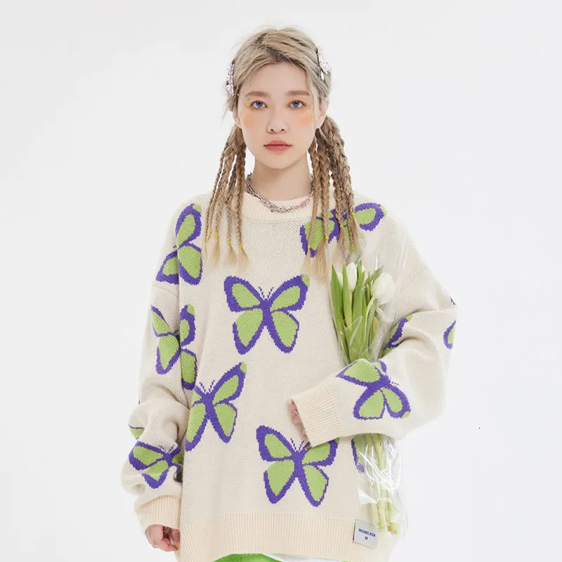 Женские свитера Deeptown Harajuku Bufferfly Sweater Женские винтажные каваи вязаный джемпер мультфильм в трикотаж в клетчат