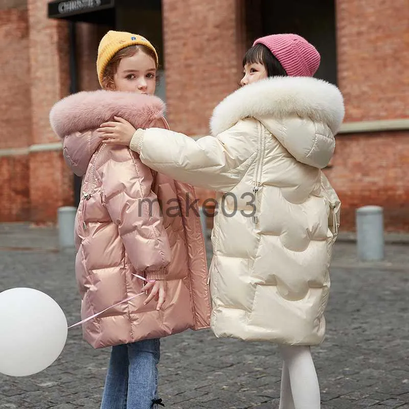 Down Coat 2023 Winter Children Girls Long Parka Fur Collar Shiny Loose Down Jacket Thick Waterproof Hoodie Warm Teenager Girls Snowsuit J230823