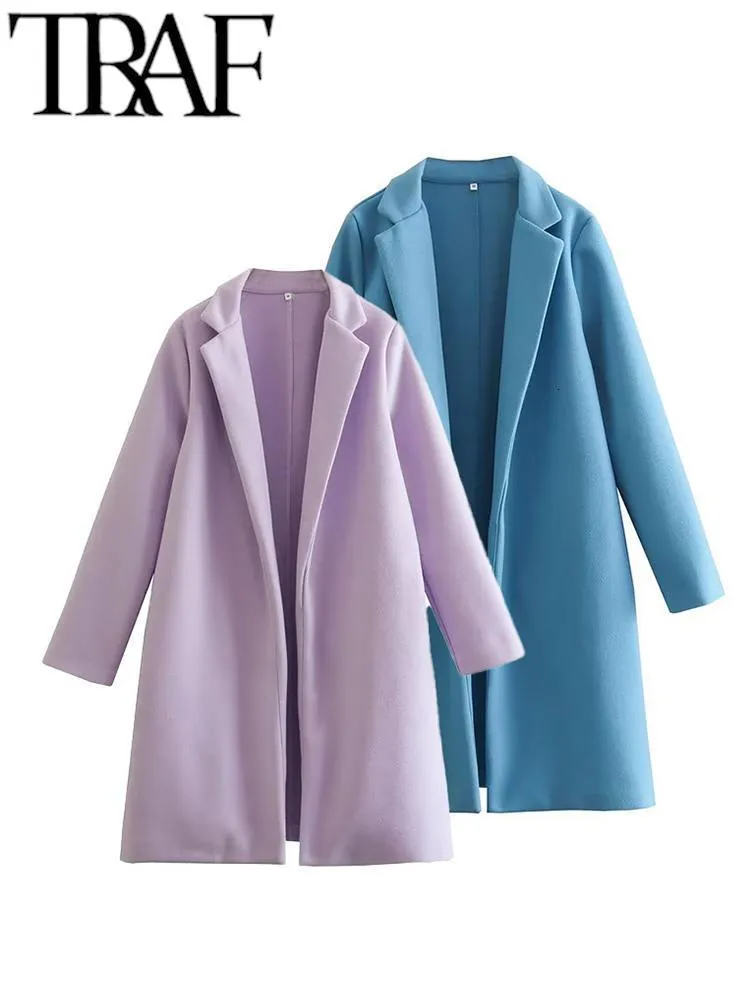 Womens Wool Blends TRAF Grey Spring Women Overcoats Long Sleeve Loose Jacket Vintage Longline Trench Coat Female Outwear Warm Y2k Oversize 230822