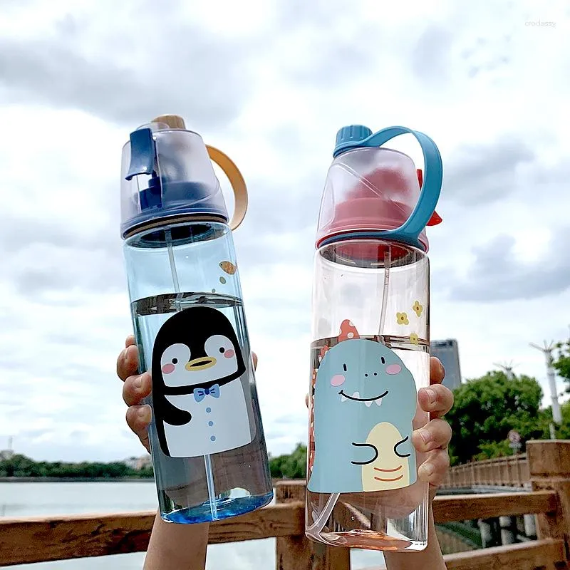 Water Bottles Cute Cartoon Kids Bottle For School Plastic Drinks Transparent Trinkflasche Mist Spray With Straw