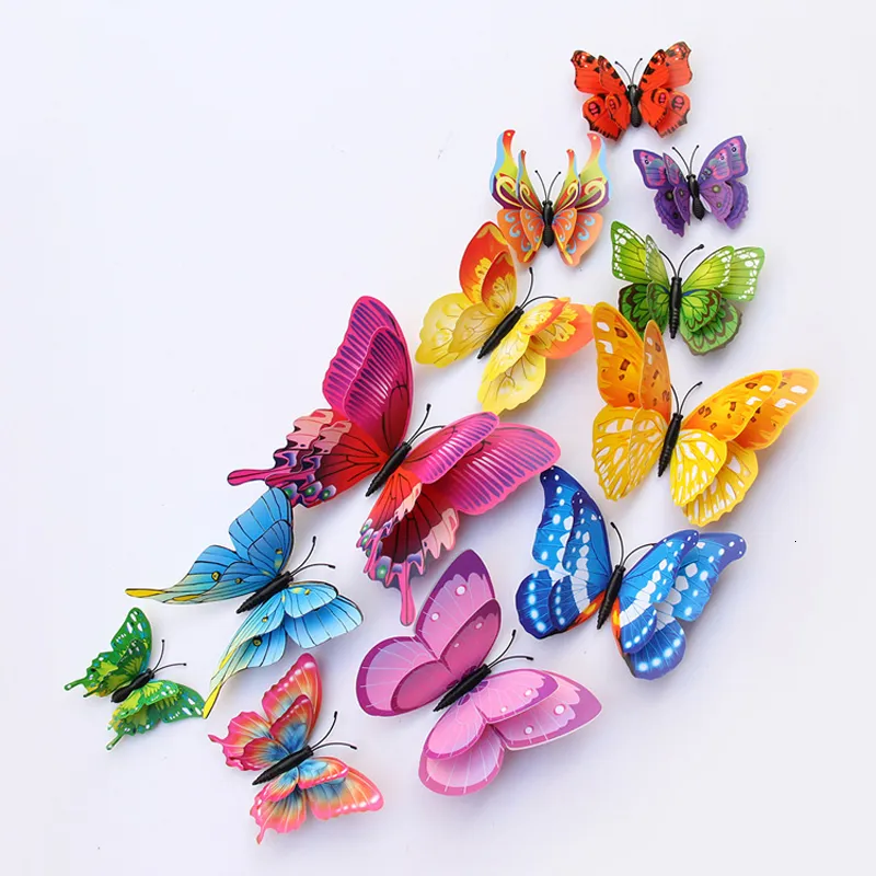 Autocollants muraux 12 pièces couleur mixte Double couche papillon 3D autocollant pour la décoration de mariage aimant papillons autocollants pour réfrigérateur décor à la maison 230822