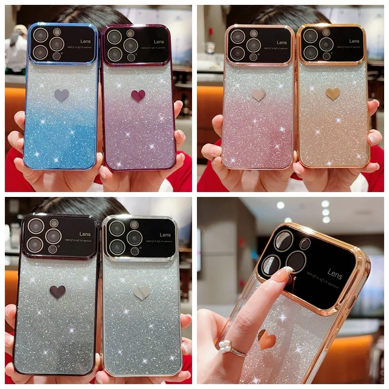 Bling Glitter Gradient Heart Love Étuis chromés pour iPhone 15 14 Plus 13 Pro MAX 12 11 TPU souple Joli cristal Protecteurs d'objectif d'appareil photo mignon Grande fenêtre Couverture arrière à trou fin