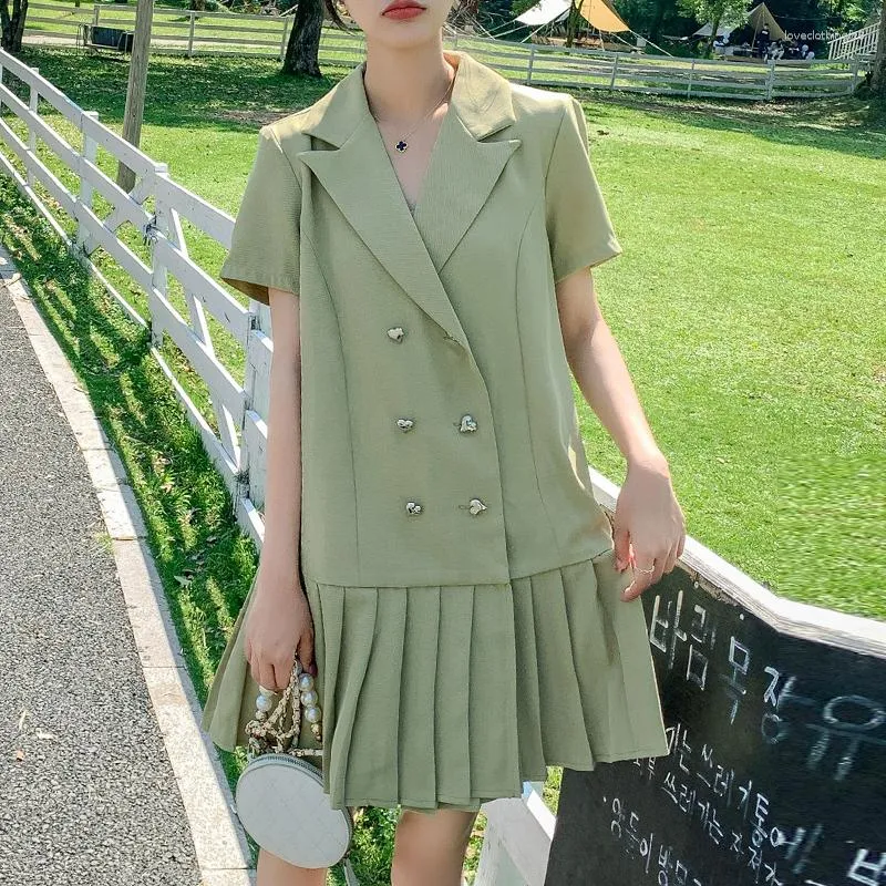 Women's Suits Fashion Designer Jacket Summer Short Sleeve Double Breasted Metal Buttons Long Blazer Splice Pleated Dress Outer