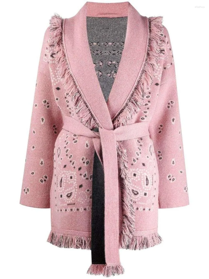 Malhas femininas outono designer de inverno cor rosa cor de cashmere cardigãs de alta qualidade jacquard tassel cinturão de malha c907