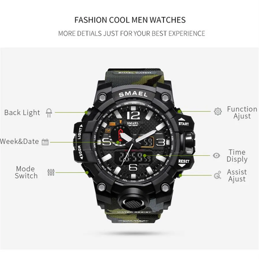 SMAEL Brand Men Dual Time Camouflage Military Digital Watch LED Wristwatch 50M Waterproof 1545BMen Clock Sport Watches278Z