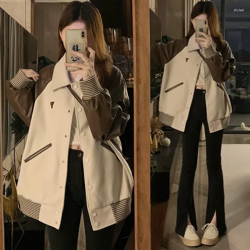 Women's Jackets 2023 Spring Autumn Winter American Vintage Baseball Coat Panel PU Leather Korean Version Jacket Top Fabric