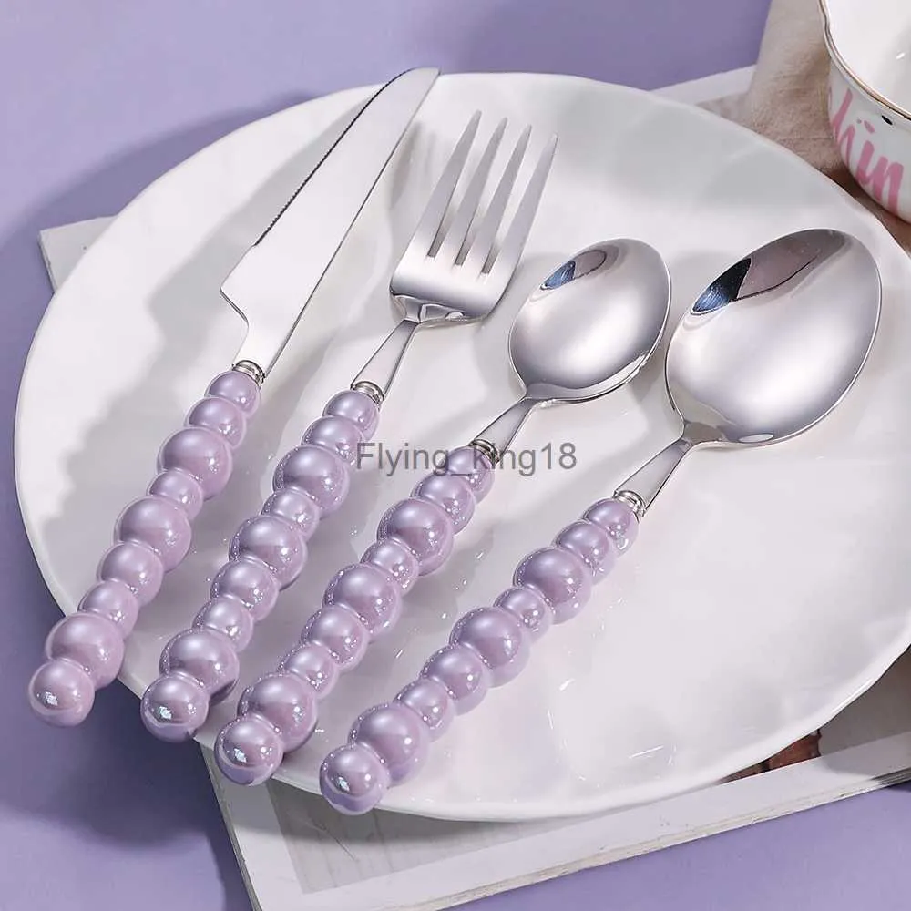 4PCS Sliver Tableware Set 304 스테인레스 스틸 칼리 우아한 세라믹 비드 핸들 식기 나이프 스푼 포크 부엌기구 hkd230812