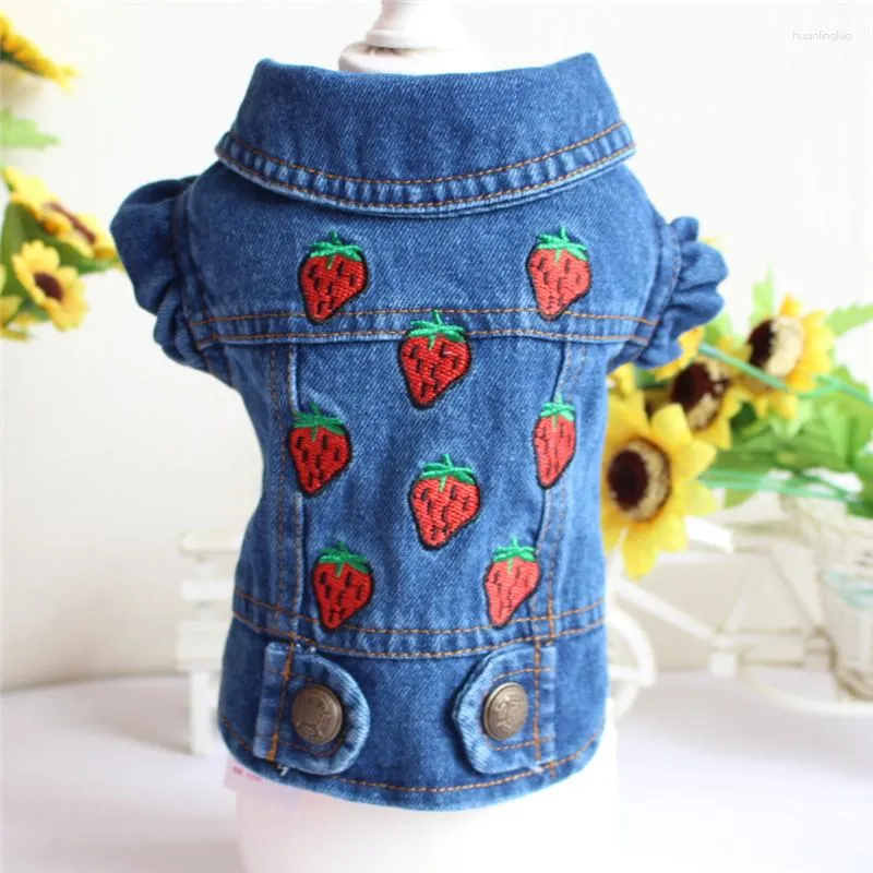 Hondenkleding Aardbei-borduurwerk Jean Vest Vintage Jacket voor honden Coat Casual Pet Dessen Spring Herfst Denim Kleding XS-XXL