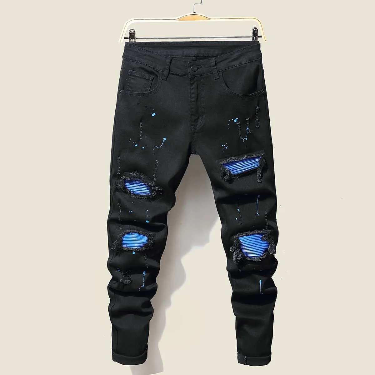 Men s jeans cool gescheurde skinny broek stretch slanke denim broek groot formaat hiphop zwart blauw casual jogging voor mannen 230823