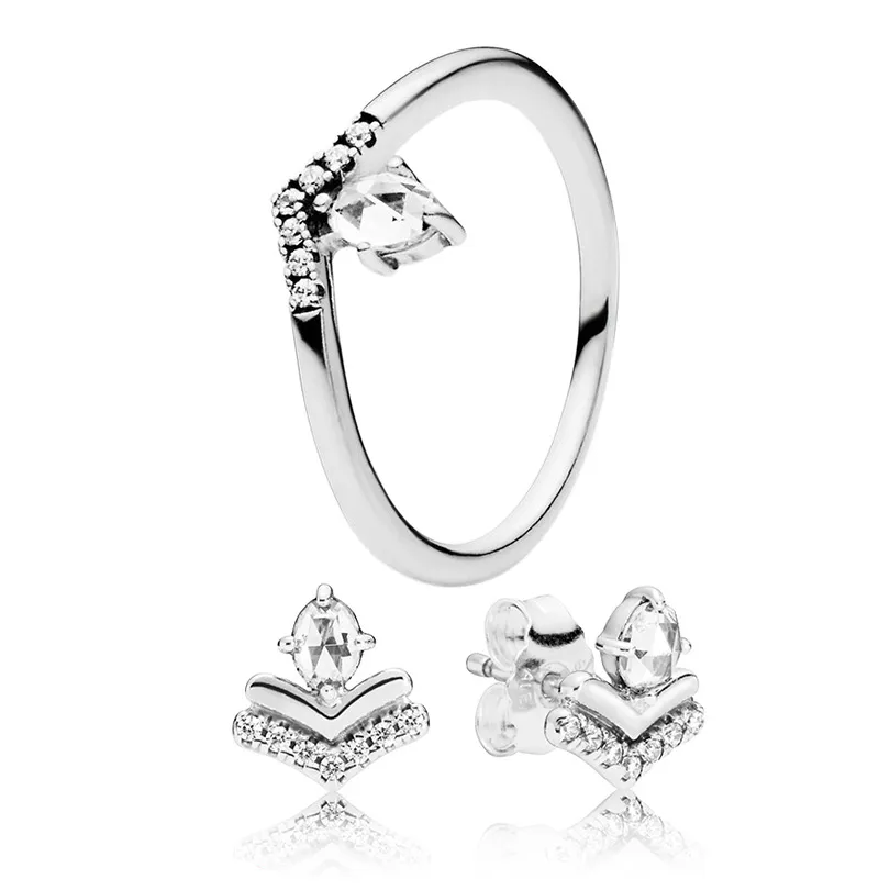 Classic Wishbone Ring and Stud Earrings Set for Pandora REAL 925 Sterling Silver designer Jewelry set for Women Grisl Luxury Earring Rings with Original Box