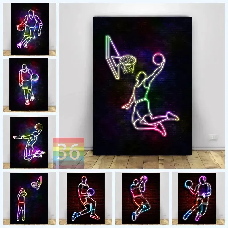 Abstract Sports Basketball Poster Basketball Player Neon Canvas Printing Ball Sports Wall Art Picture Wall Living Room Boy Bedroom Decoration Gift No Frame Wo6