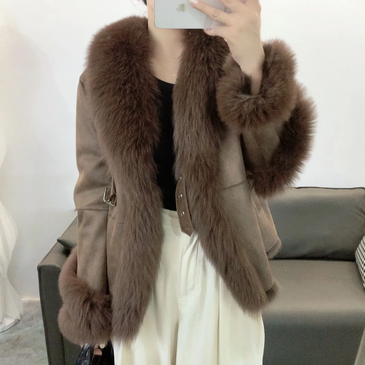 Womens Faux Leather Jacket with Real Rabbit Fur Collar  display picture 1