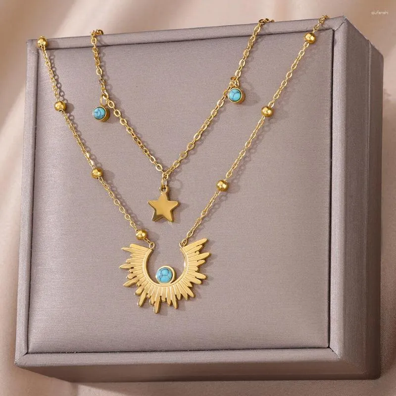 Pendentif Colliers Acier inoxydable Star Sun Moon Blue Eyes Collier pour femmes 2023 Couleur Or Multicouche Chaîne Collier Bijoux Cadeaux De Mariage