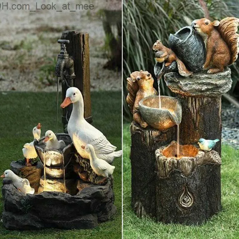 Duck Squirrel Solar Power Resin Patio Fontein met Led Lights Resin Dierlijke standbeeld ornamenten Home Garden Yard Jardim Decor Gift Q230823