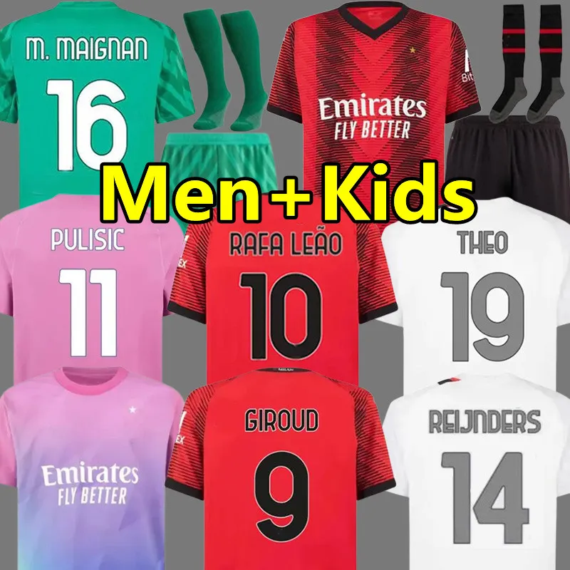 23 24 Rafa Leao Origi Soccer Jerseys M. Maignan AC Milans Pulisic Giroud Chukwueze Reijnders Tomori Theo Theo Kalulu Florenzi 2023 2024フットボールシャツ男性キッズキットセット