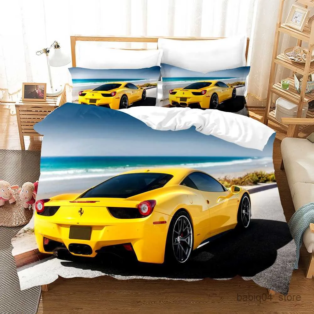 寝具セットスポーツカー布団カバーセットレースカーの寝具セットは10代の子供のためのケースとともにクールな寝室の装飾2/3PCSベッドクロスR230823