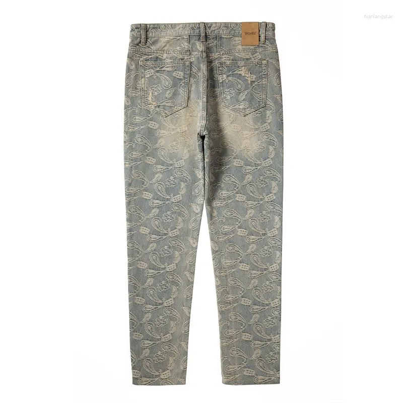 Men's Jeans Distressed Hole Ripped Washed Paisley Full Print Pant For Men  Retro Straight Frayed Baggy Casual Cashew Denim Trousers