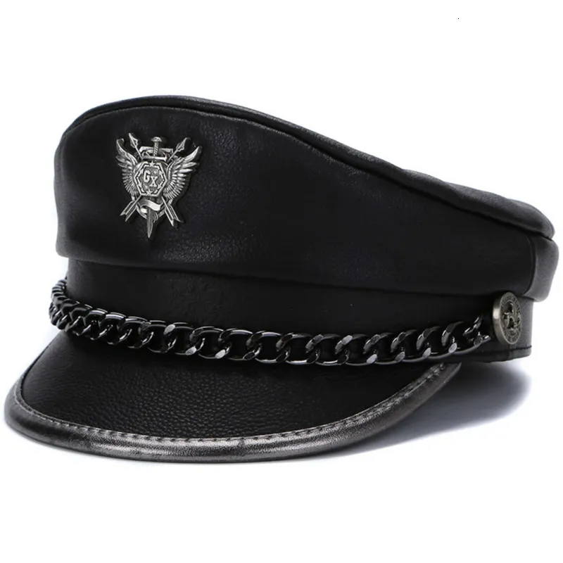 Boinas Novidades de inverno masculino de couro genuíno Hat macho top clenge locomotiva Retro Militar Caps Estudantes Cadeia Cortical Punk Gorra 230822