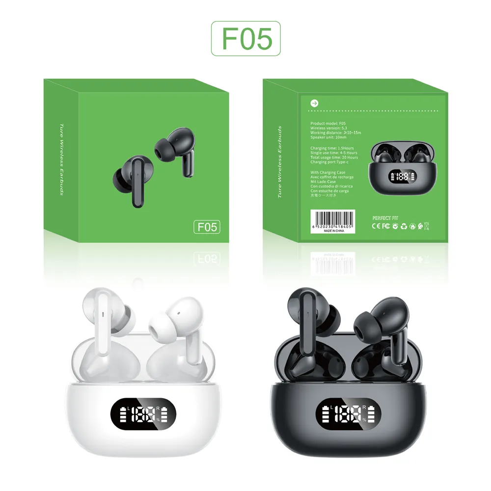 F05 True Kablosuz Kulaklık Bluetooth 5.3 Kulaklık Stereo TWS Kulakbuds Oyunu Hi-Fi Müzik Kulaklıkları Güç Pil Led Dijital Ekran Spor Kulaklık