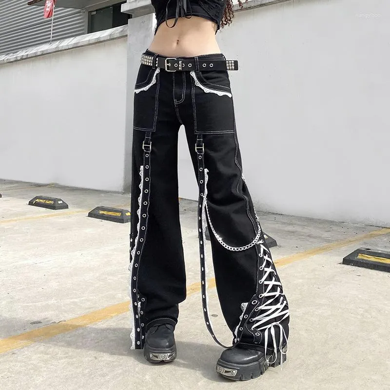 Women's Jeans Streetwear Fashion Denim Wide Leg Pants Y2k Lace Spliced Belt Ribbons Bandage Low Rise Loose Slouchy For Women