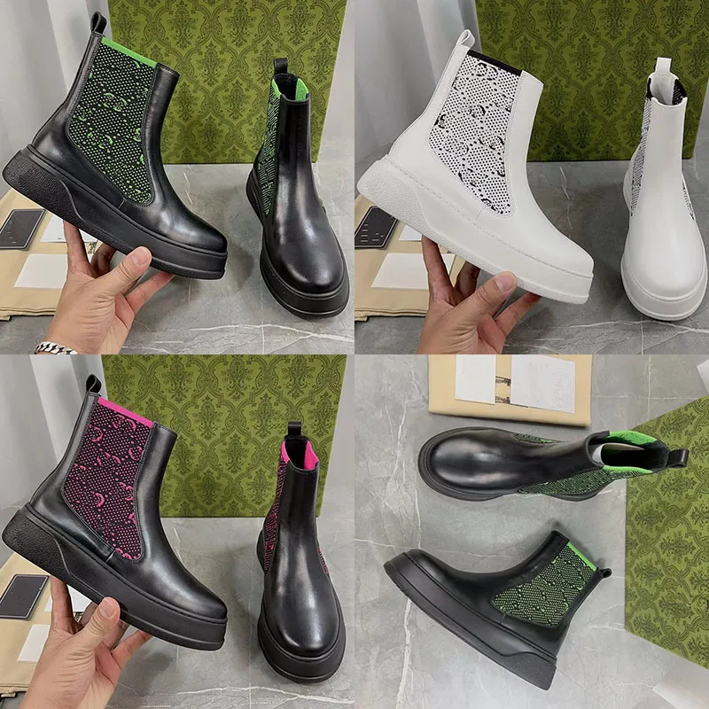 2023 Tasarımcı Lüks Örgü Patchwork Chelsea Boots Kadınlar% 100 Deri Streç Örgü Dış Hava Parti Basılı Mektup Boot Lady Elastik Bant Platform Ayakkabıları