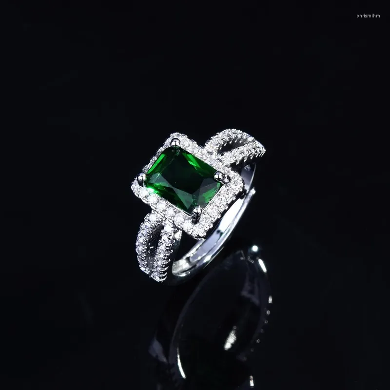 Cluster Rings Fashion Luxury 925 Silver Emerald Green Zircon Open Ring Wedding Engagement Party Gift Jewelry Wholesale